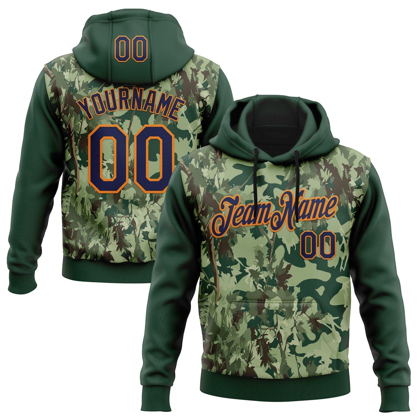 Custom Stitched Green Navy-Bay Orange 3D Pattern Design Tree Camo Hunting Sports Pullover Sweatshirt Hoodie - Main View