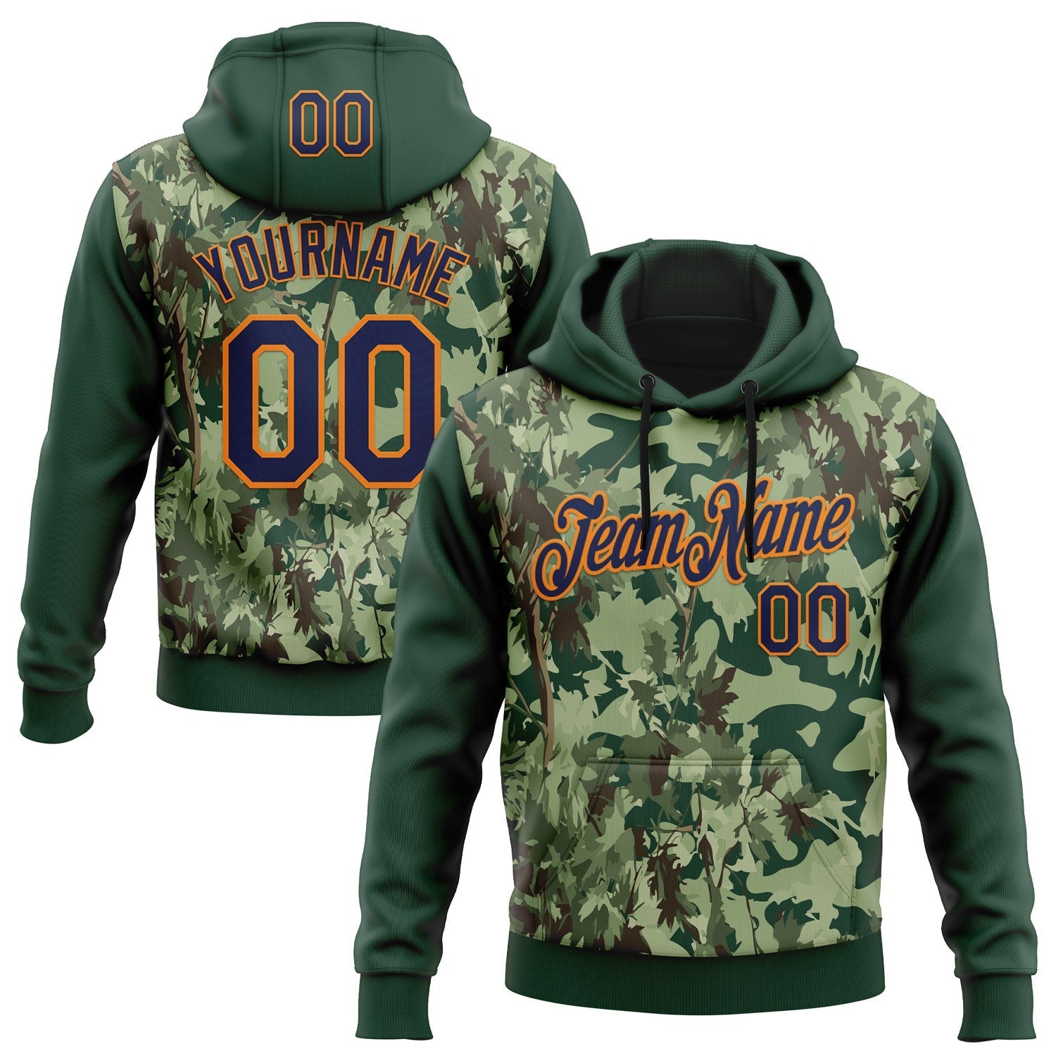 Custom Stitched Green Navy-Bay Orange 3D Pattern Design Tree Camo Hunting Sports Pullover Sweatshirt Hoodie - Main View