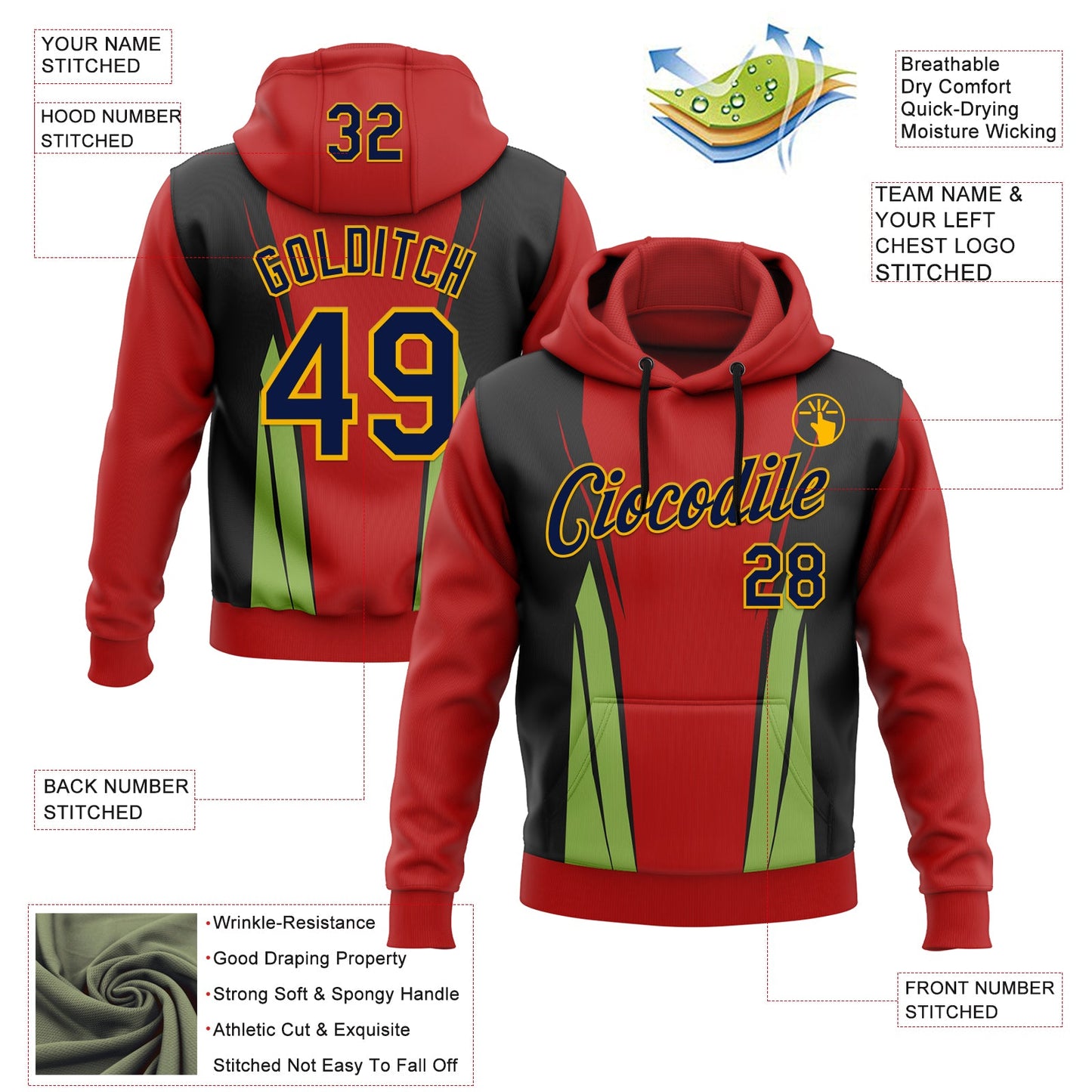 Custom Stitched Red Navy Black Green-Gold 3D Pattern Design Sportswear Pullover Sweatshirt Hoodie view 2