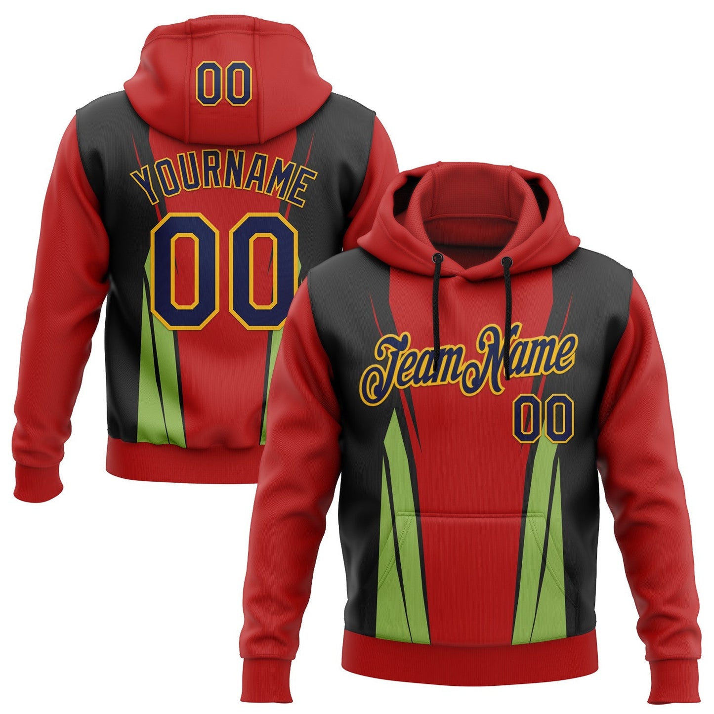 Custom Stitched Red Navy Black Green-Gold 3D Pattern Design Sportswear Pullover Sweatshirt Hoodie - Main View