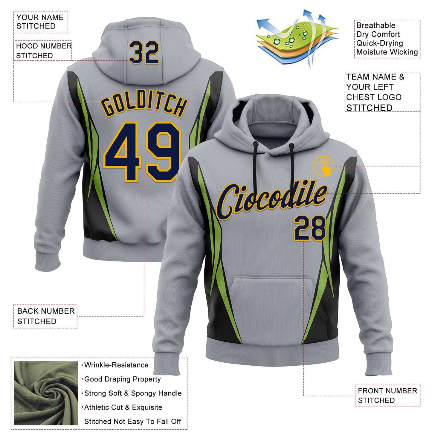 Custom Stitched Gray Navy Black Green-Gold 3D Pattern Design Sportswear Pullover Sweatshirt Hoodie view 2