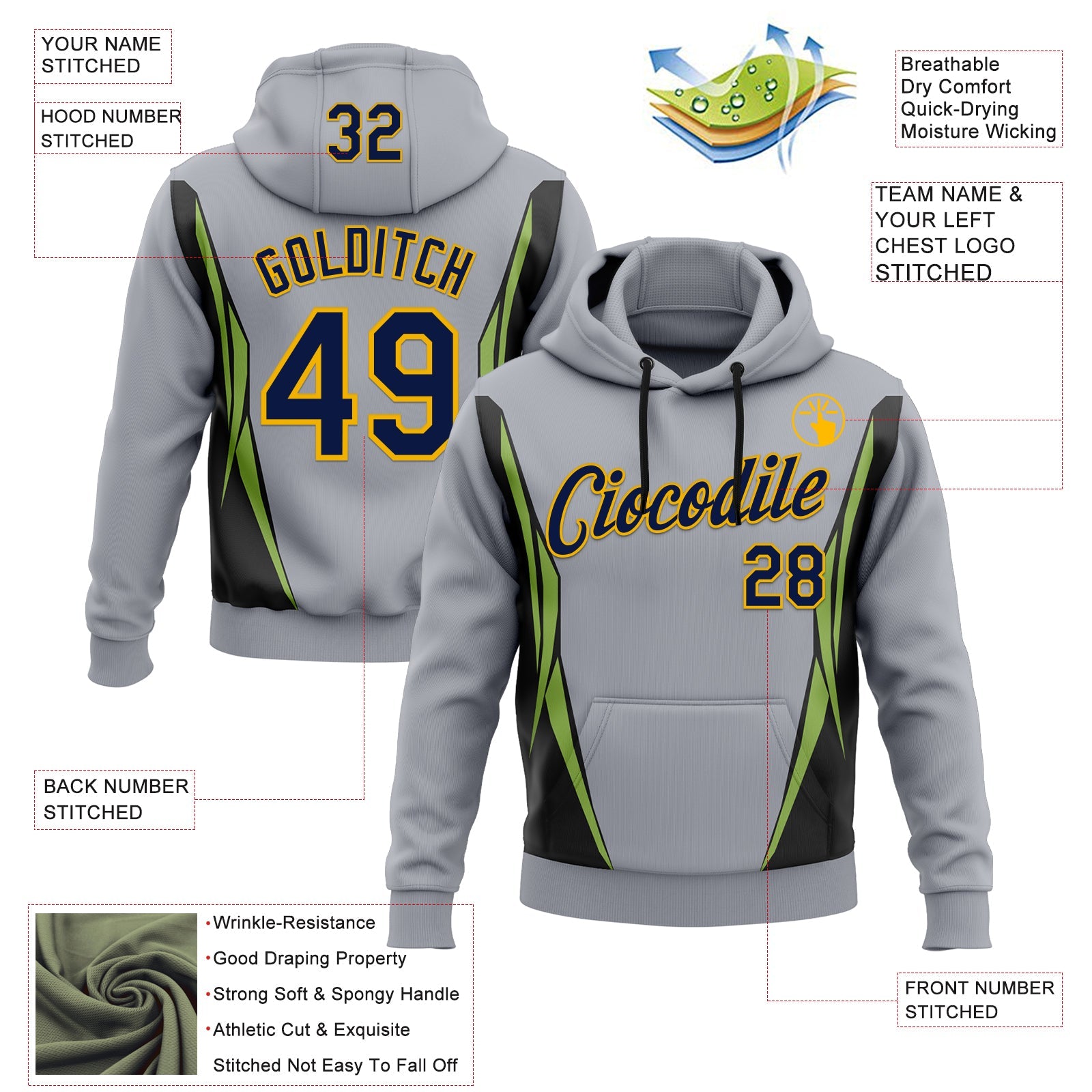 Custom Stitched Gray Navy Black Green-Gold 3D Pattern Design Sportswear Pullover Sweatshirt Hoodie view 2