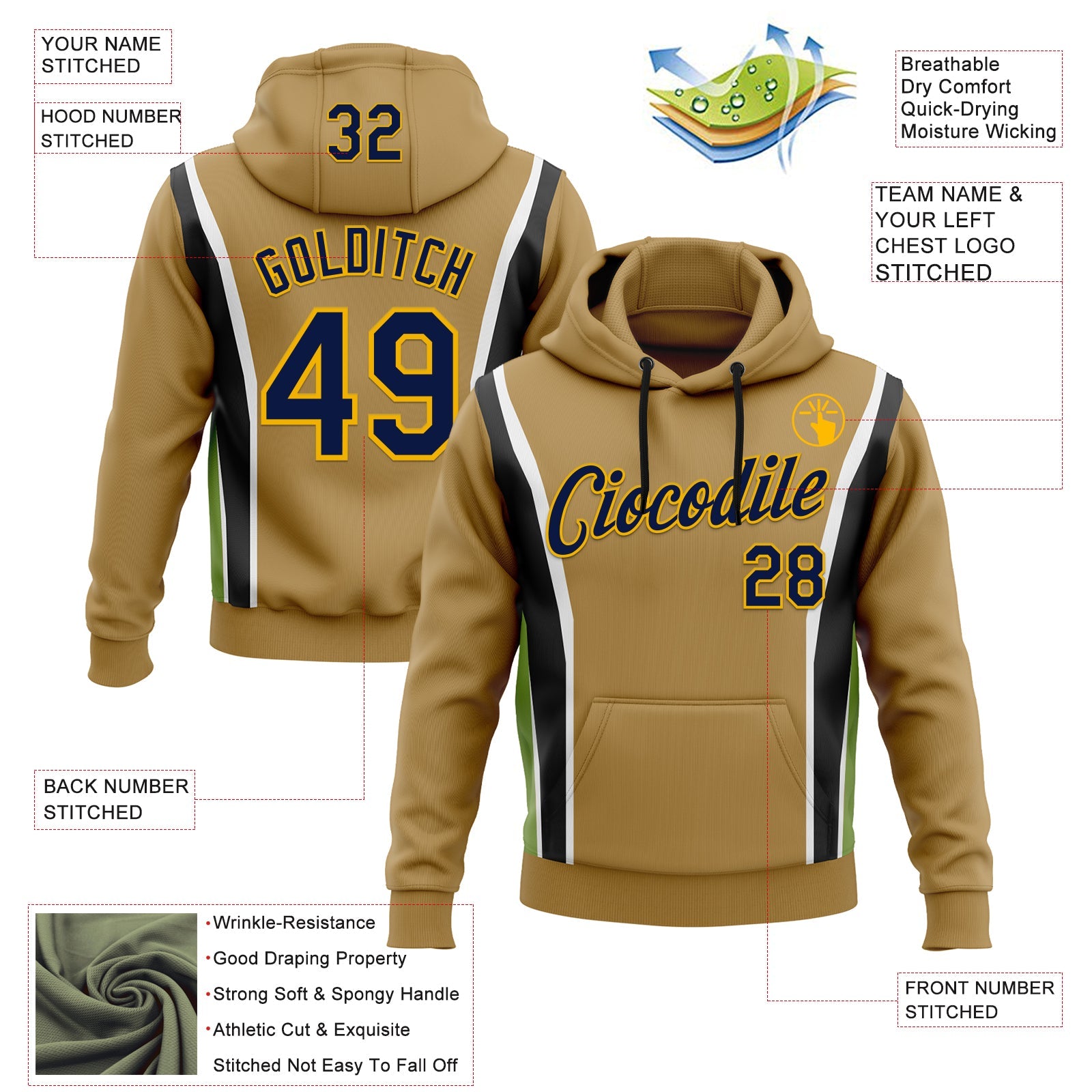 Custom Stitched Old Gold Navy Black Green Gold-White 3D Pattern Design Sportswear Pullover Sweatshirt Hoodie view 2