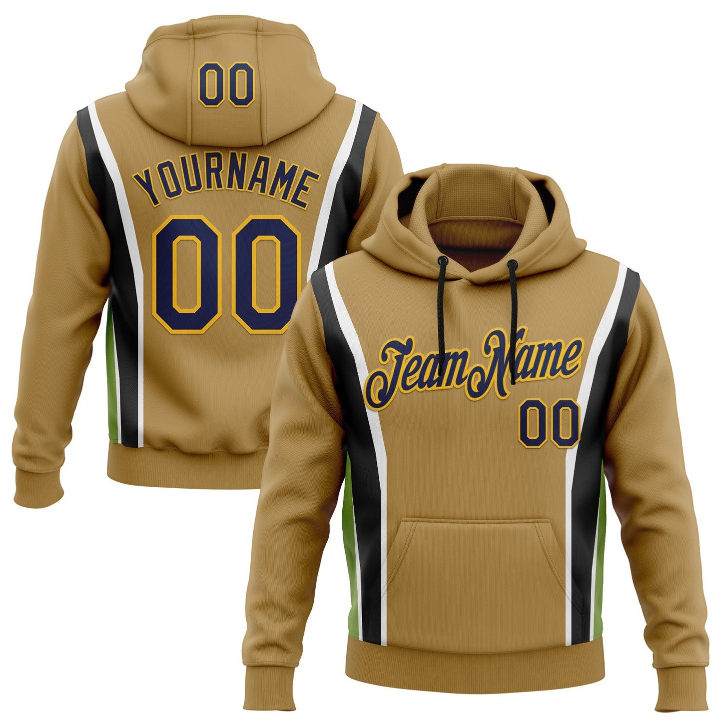 Custom Stitched Old Gold Navy Black Green Gold-White 3D Pattern Design Sportswear Pullover Sweatshirt Hoodie - Main View