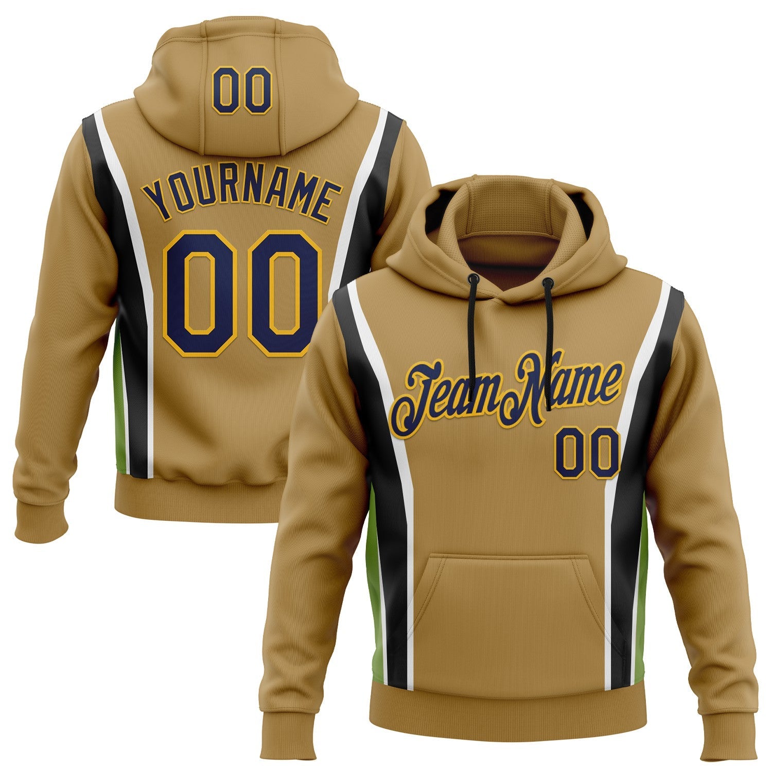 Custom Stitched Old Gold Navy Black Green Gold-White 3D Pattern Design Sportswear Pullover Sweatshirt Hoodie - Main View