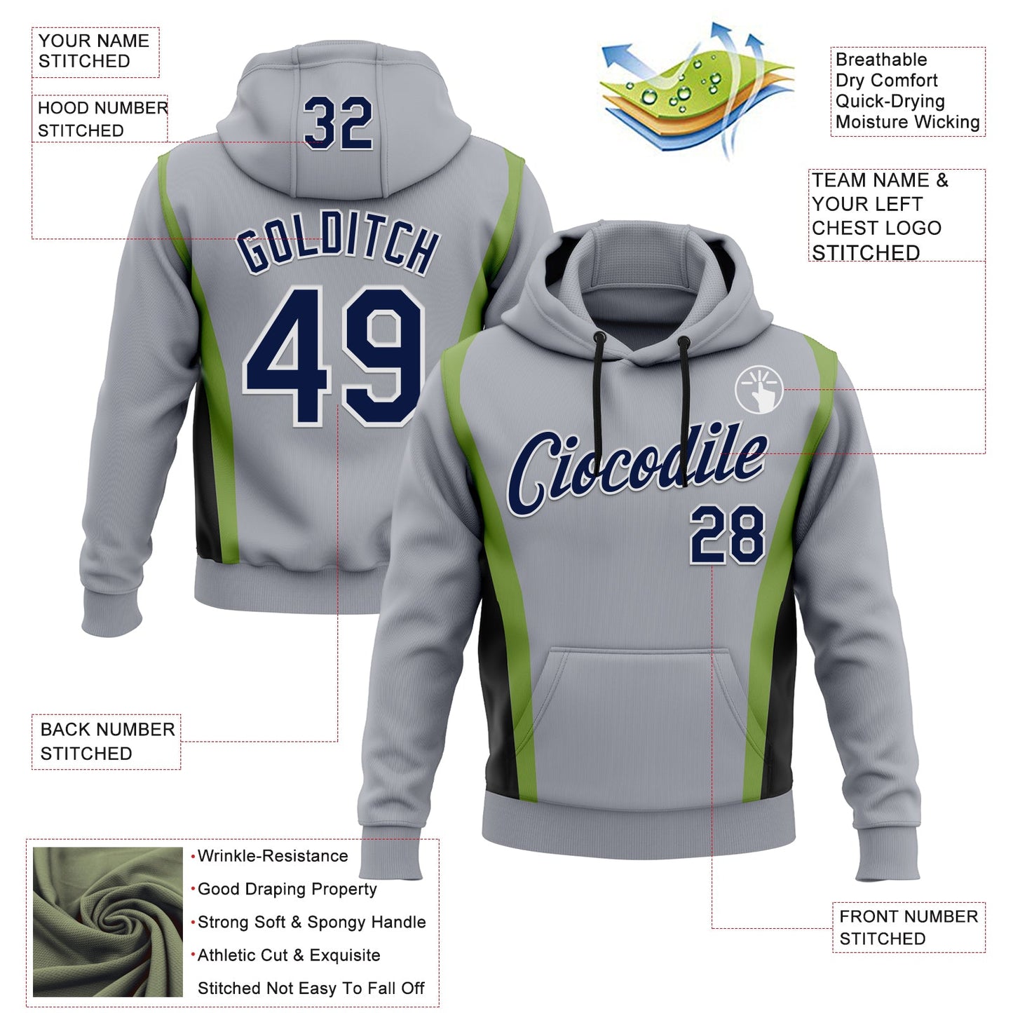 Custom Stitched Gray Navy Black Green-White 3D Pattern Design Sportswear Pullover Sweatshirt Hoodie view 2