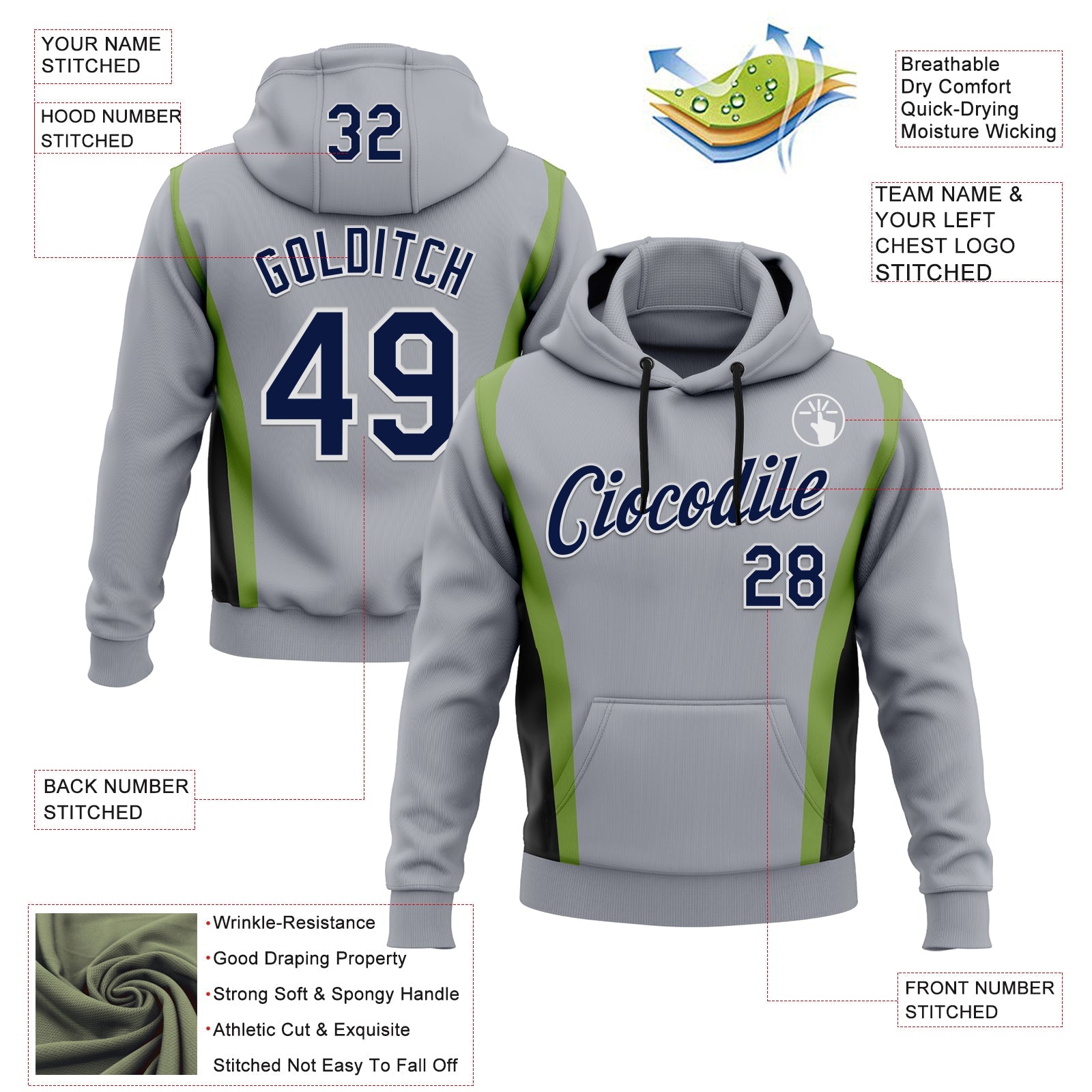 Custom Stitched Gray Navy Black Green-White 3D Pattern Design Sportswear Pullover Sweatshirt Hoodie view 2