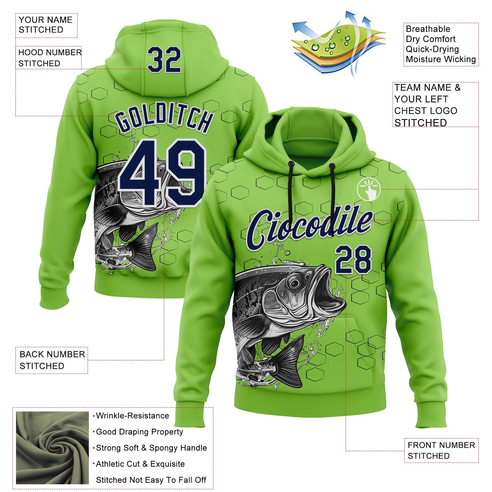 Custom Stitched Neon Green Navy Black-White 3D Pattern Design Sportswear Fishing Pullover Sweatshirt Hoodie view 2