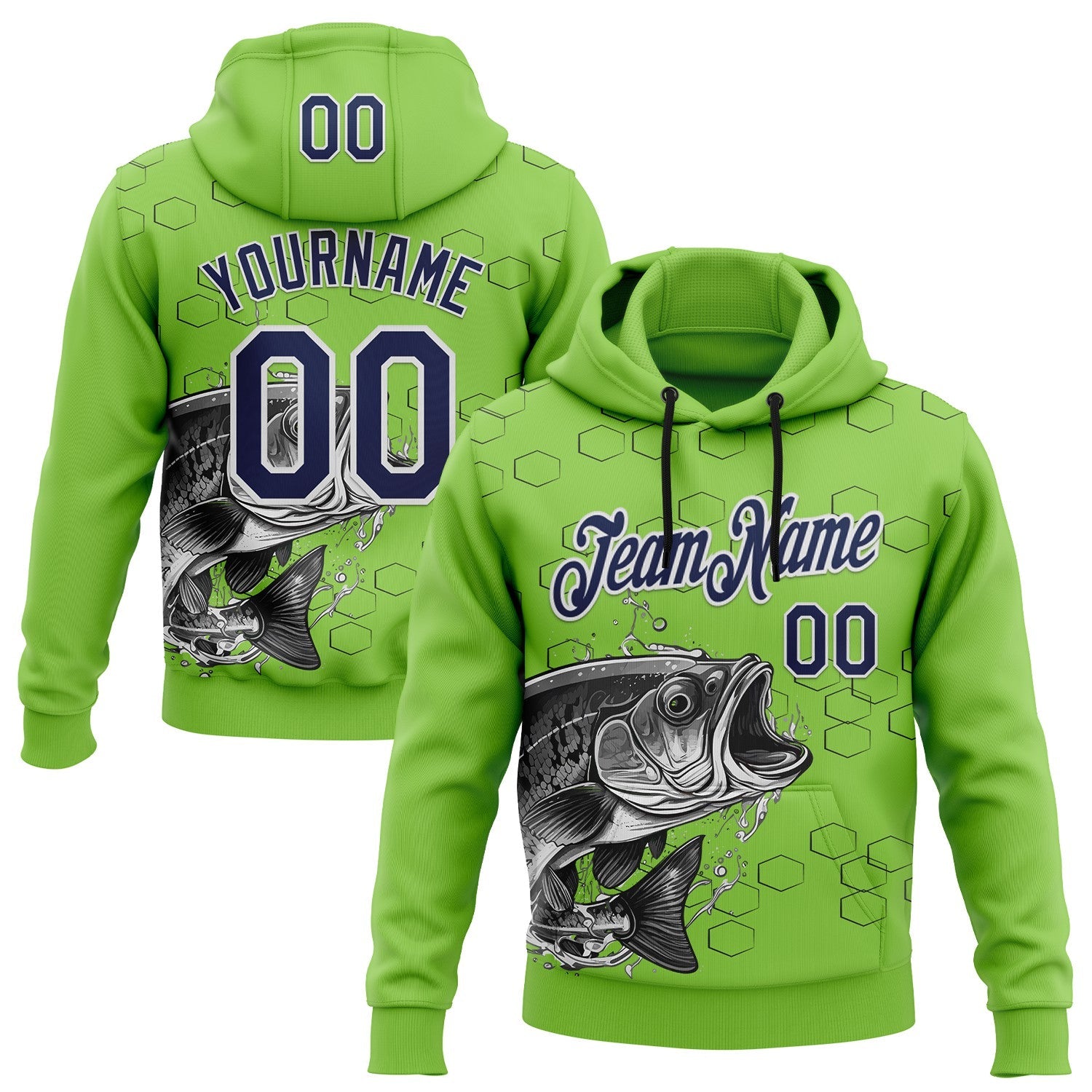 Custom Stitched Neon Green Navy Black-White 3D Pattern Design Sportswear Fishing Pullover Sweatshirt Hoodie - Main View