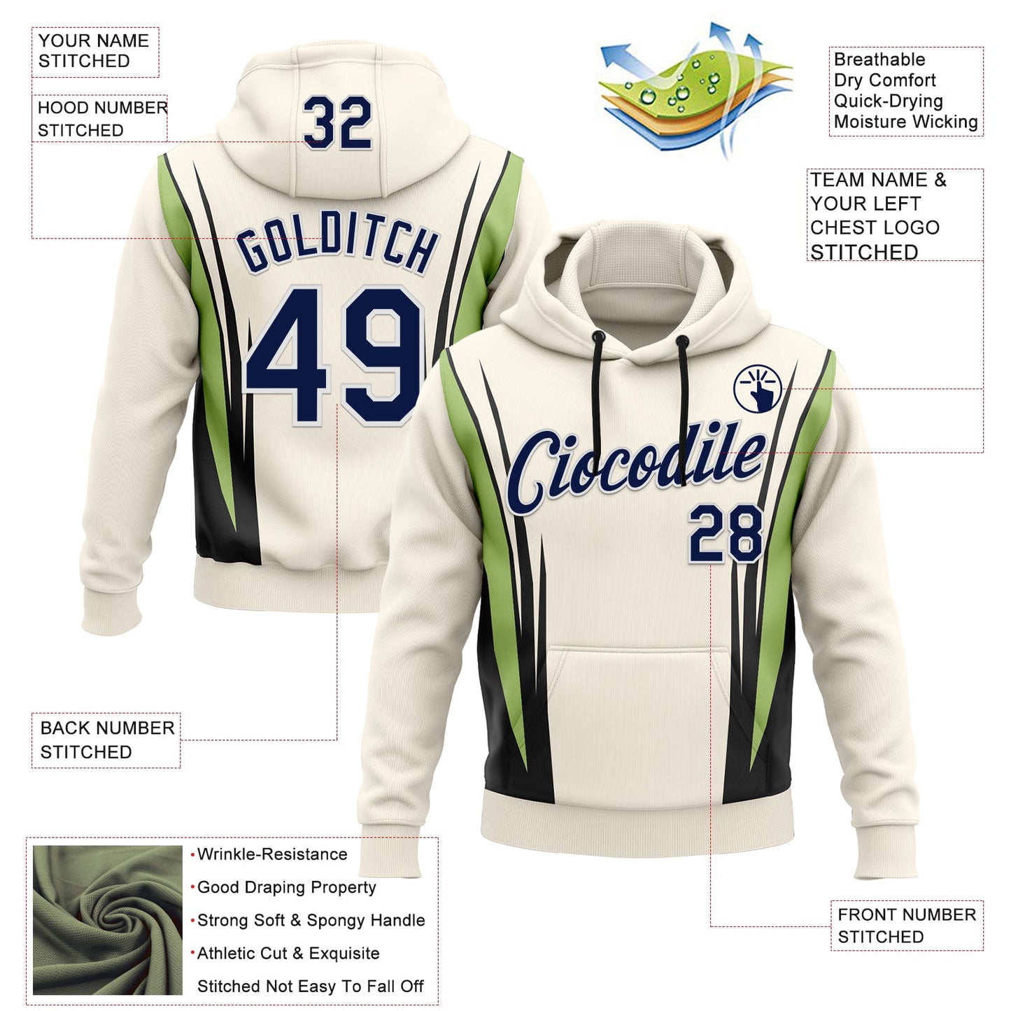 Custom Stitched Cream Navy Black Green-White 3D Pattern Design Sportswear Pullover Sweatshirt Hoodie view 2