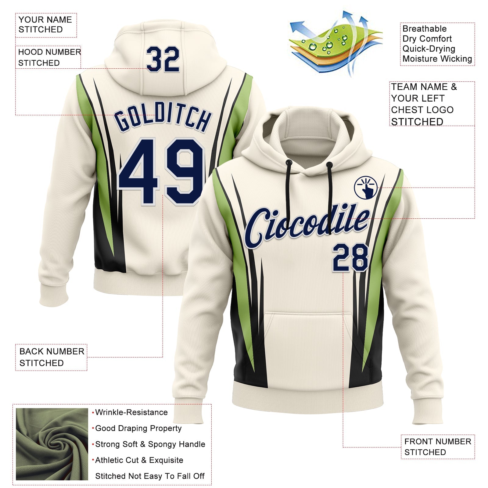 Custom Stitched Cream Navy Black Green-White 3D Pattern Design Sportswear Pullover Sweatshirt Hoodie view 2