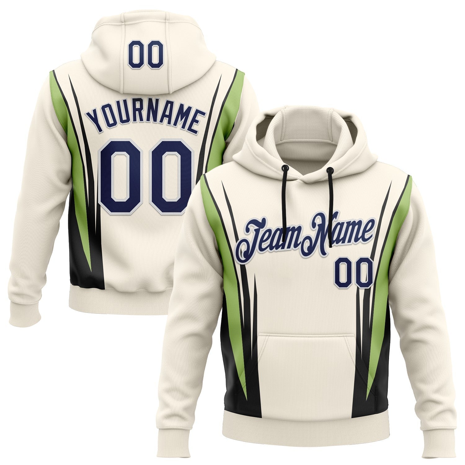 Custom Stitched Cream Navy Black Green-White 3D Pattern Design Sportswear Pullover Sweatshirt Hoodie - Main View