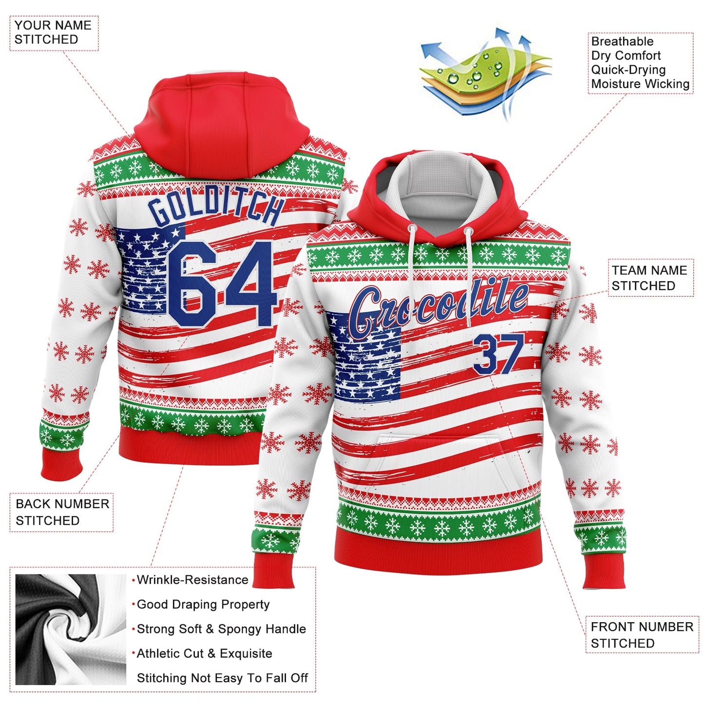Custom Stitched Red Royal-Kelly Green 3D American Flag Sports Pullover Sweatshirt Hoodie view 2