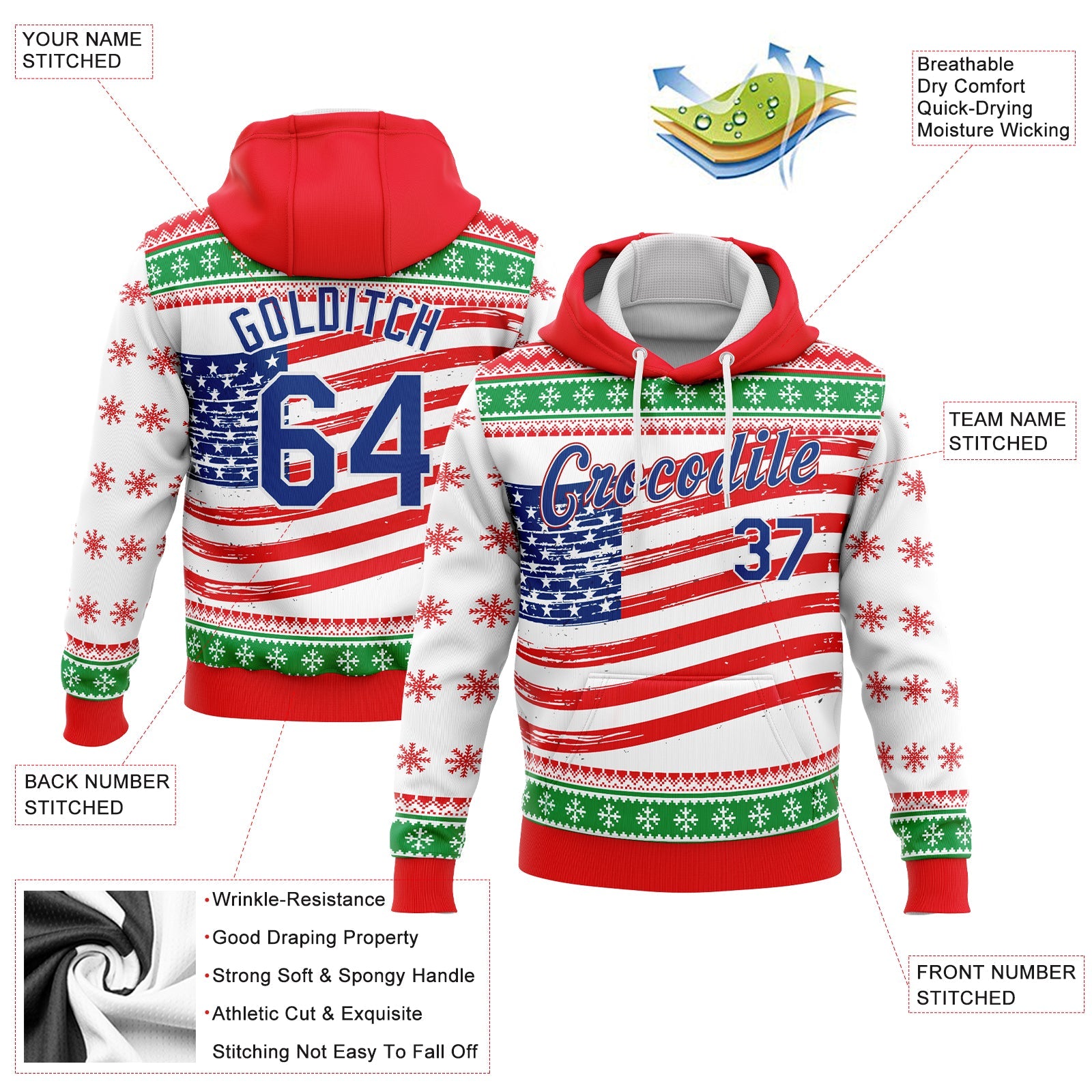 Custom Stitched Red Royal-Kelly Green 3D American Flag Sports Pullover Sweatshirt Hoodie view 2