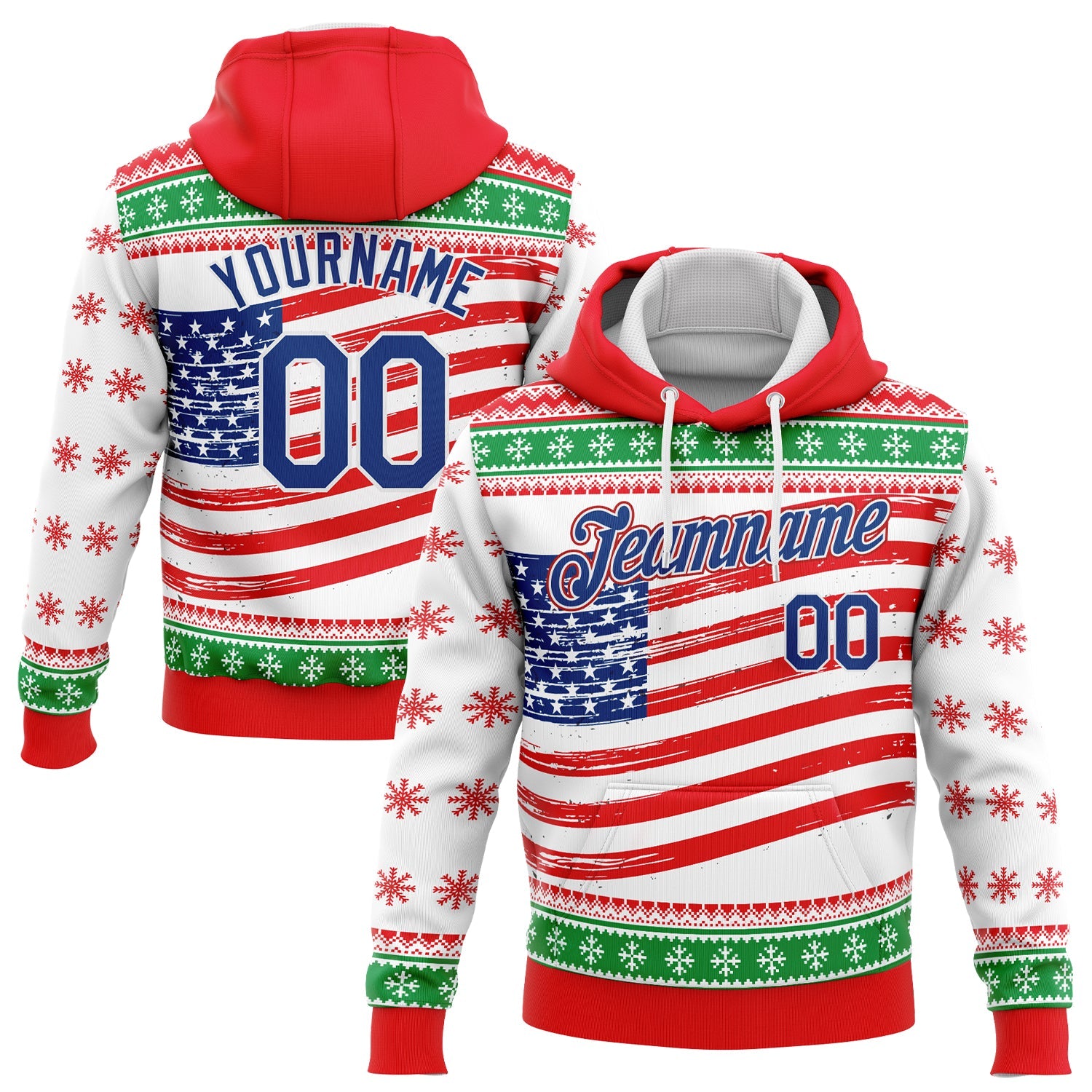 Custom Stitched Red Royal-Kelly Green 3D American Flag Sports Pullover Sweatshirt Hoodie - Main View