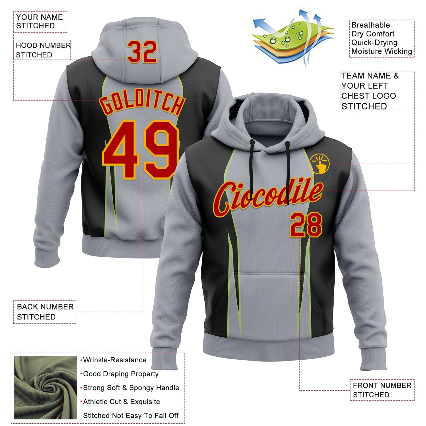 Custom Stitched Gray Red Black Green-Gold 3D Pattern Design Sportswear Pullover Sweatshirt Hoodie view 2