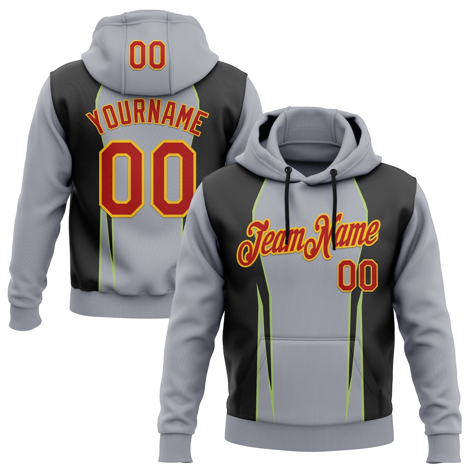Custom Stitched Gray Red Black Green-Gold 3D Pattern Design Sportswear Pullover Sweatshirt Hoodie - Main View