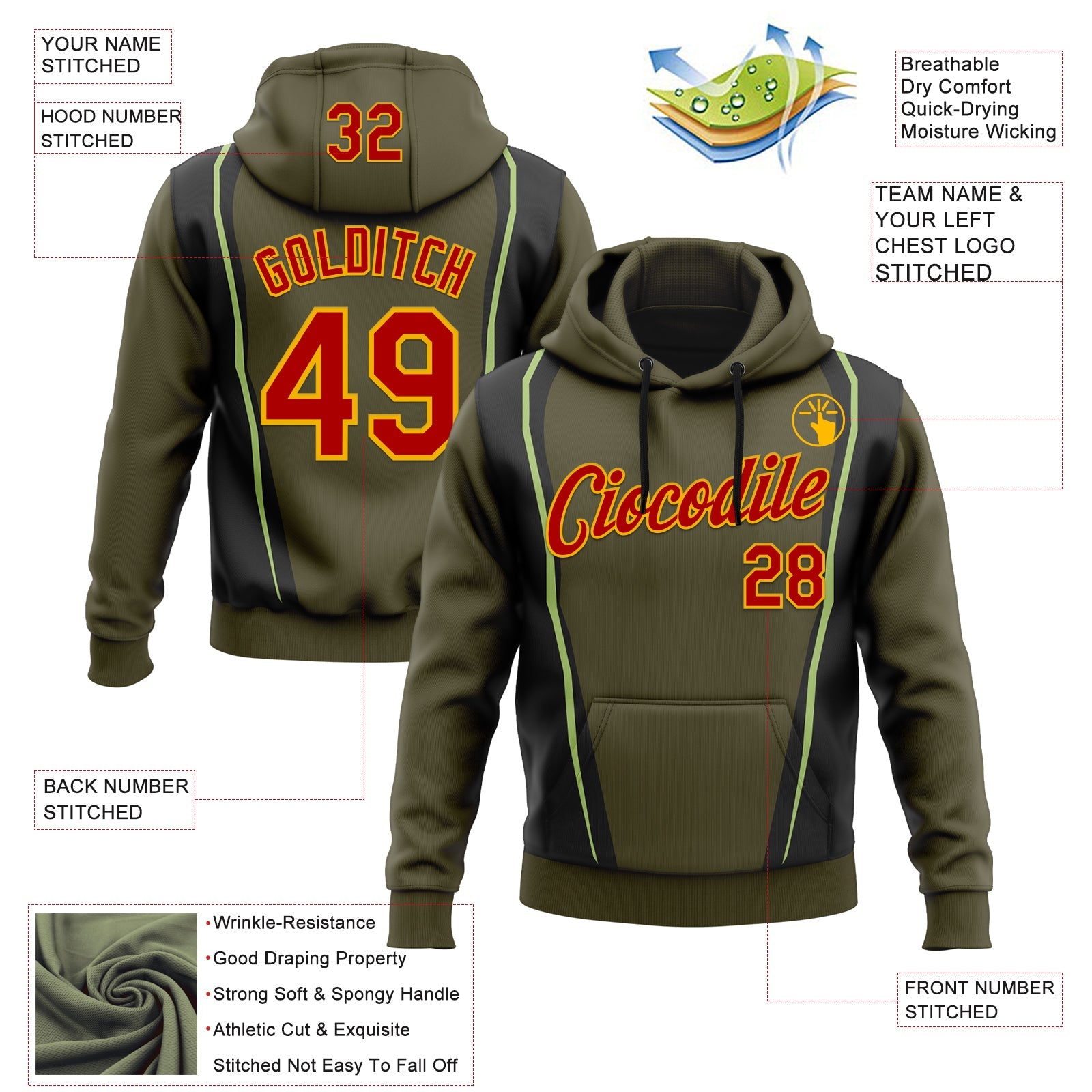 Custom Stitched Olive Red Black Green-Gold 3D Pattern Design Sportswear Pullover Sweatshirt Salute To Service Hoodie view 2