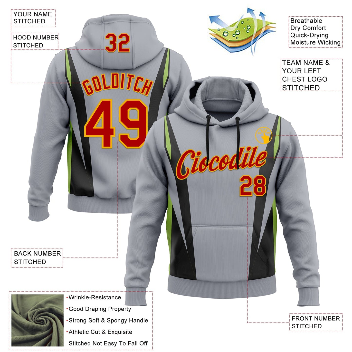 Custom Stitched Gray Red Black Green-Gold 3D Pattern Design Sportswear Pullover Sweatshirt Hoodie view 2
