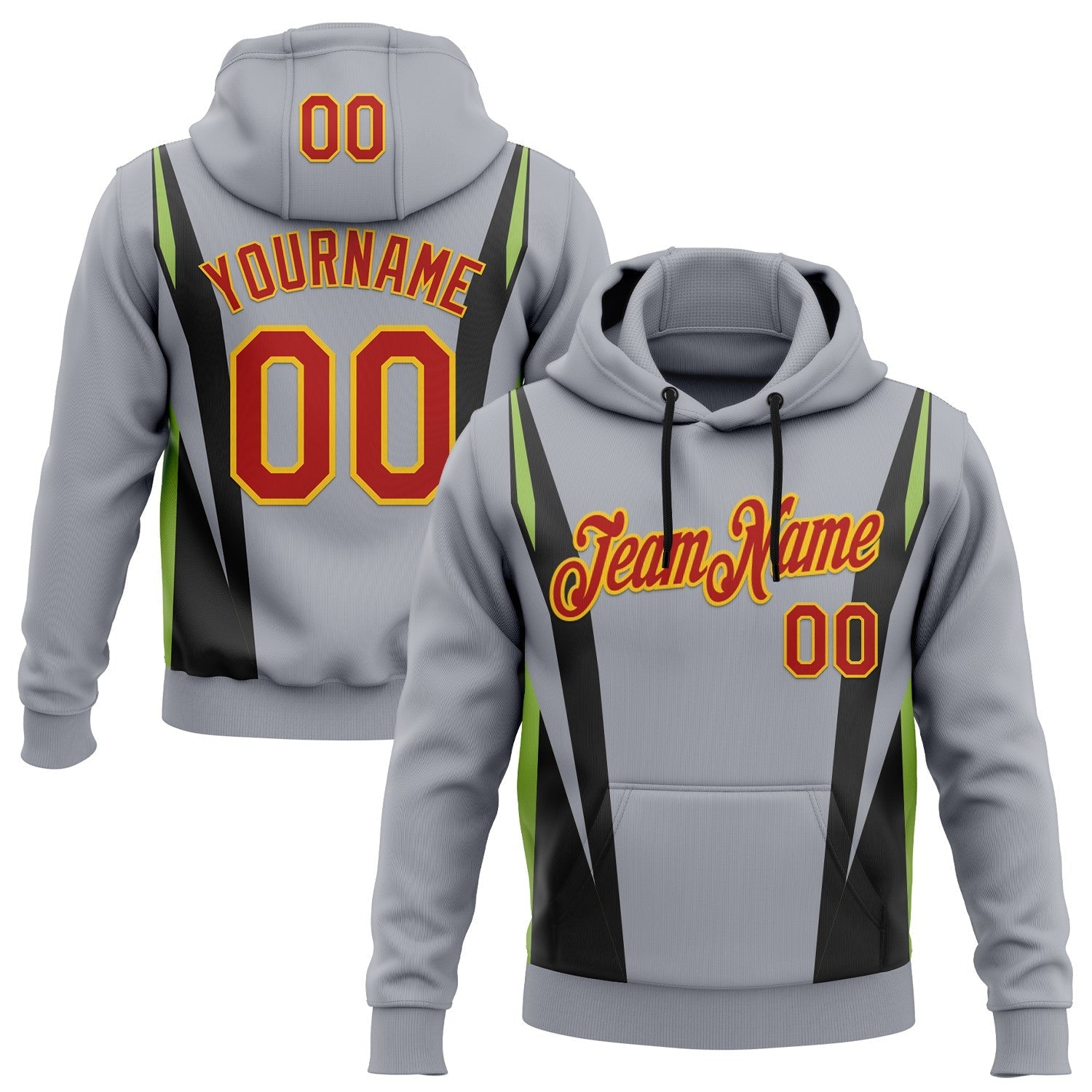 Custom Stitched Gray Red Black Green-Gold 3D Pattern Design Sportswear Pullover Sweatshirt Hoodie - Main View