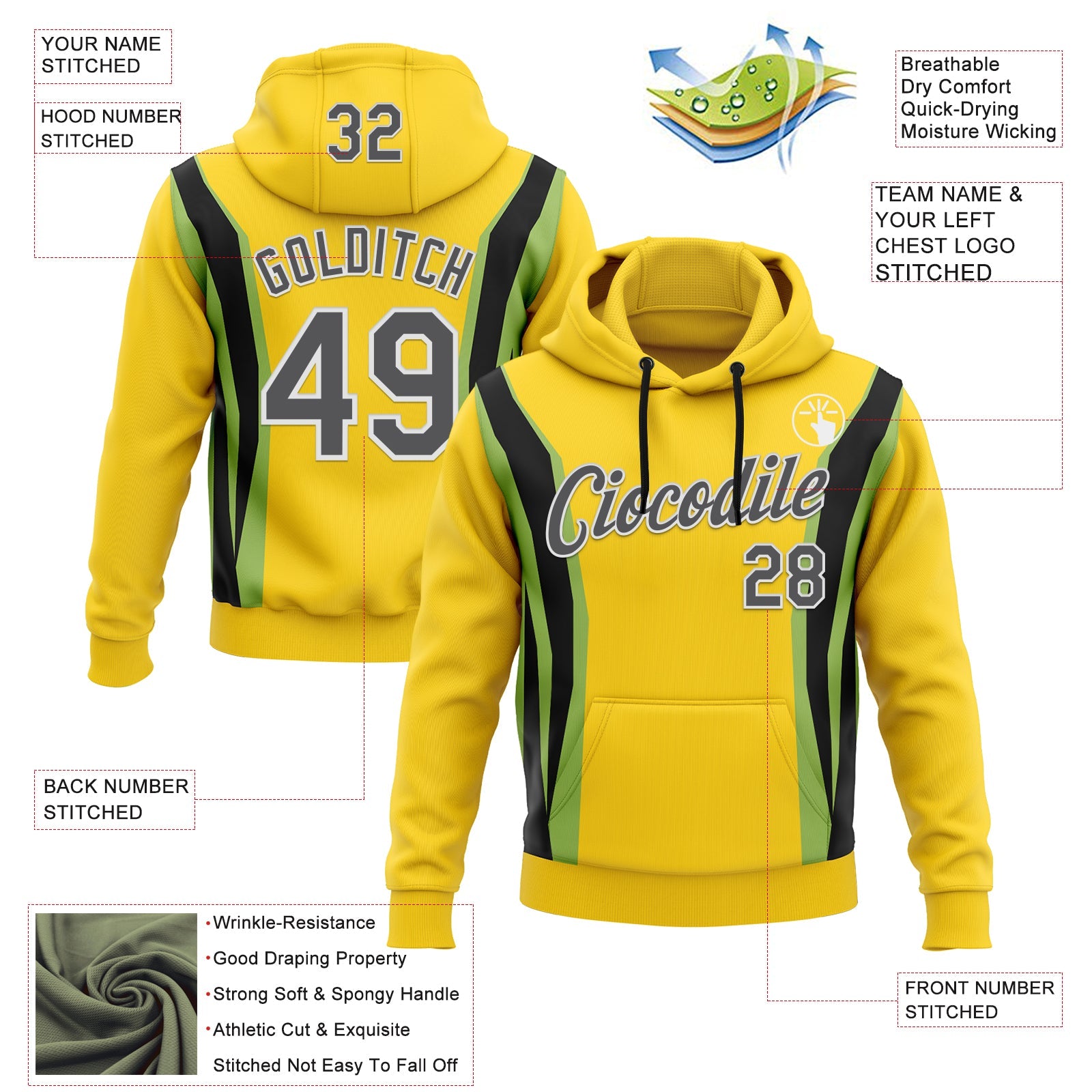 Custom Stitched Light Yellow Steel Gray Black Green-White 3D Pattern Design Sportswear Pullover Sweatshirt Hoodie view 2