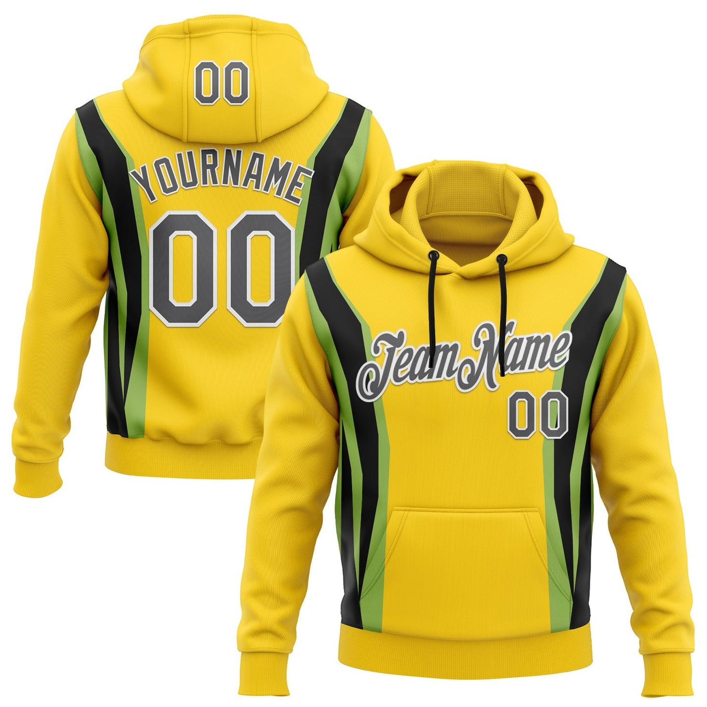 Custom Stitched Light Yellow Steel Gray Black Green-White 3D Pattern Design Sportswear Pullover Sweatshirt Hoodie - Main View