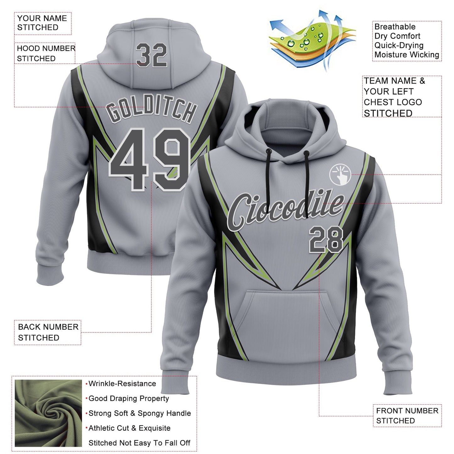 Custom Stitched Gray Steel Gray Black Green-White 3D Pattern Design Sportswear Pullover Sweatshirt Hoodie view 2