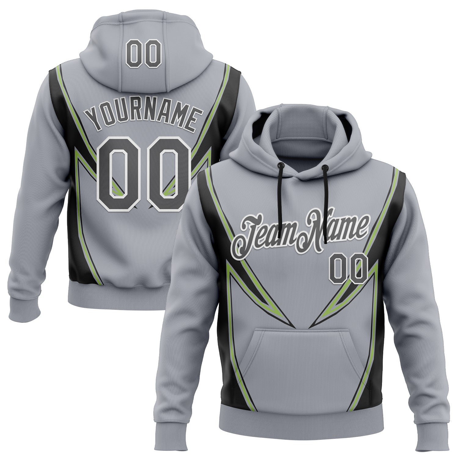 Custom Stitched Gray Steel Gray Black Green-White 3D Pattern Design Sportswear Pullover Sweatshirt Hoodie - Main View