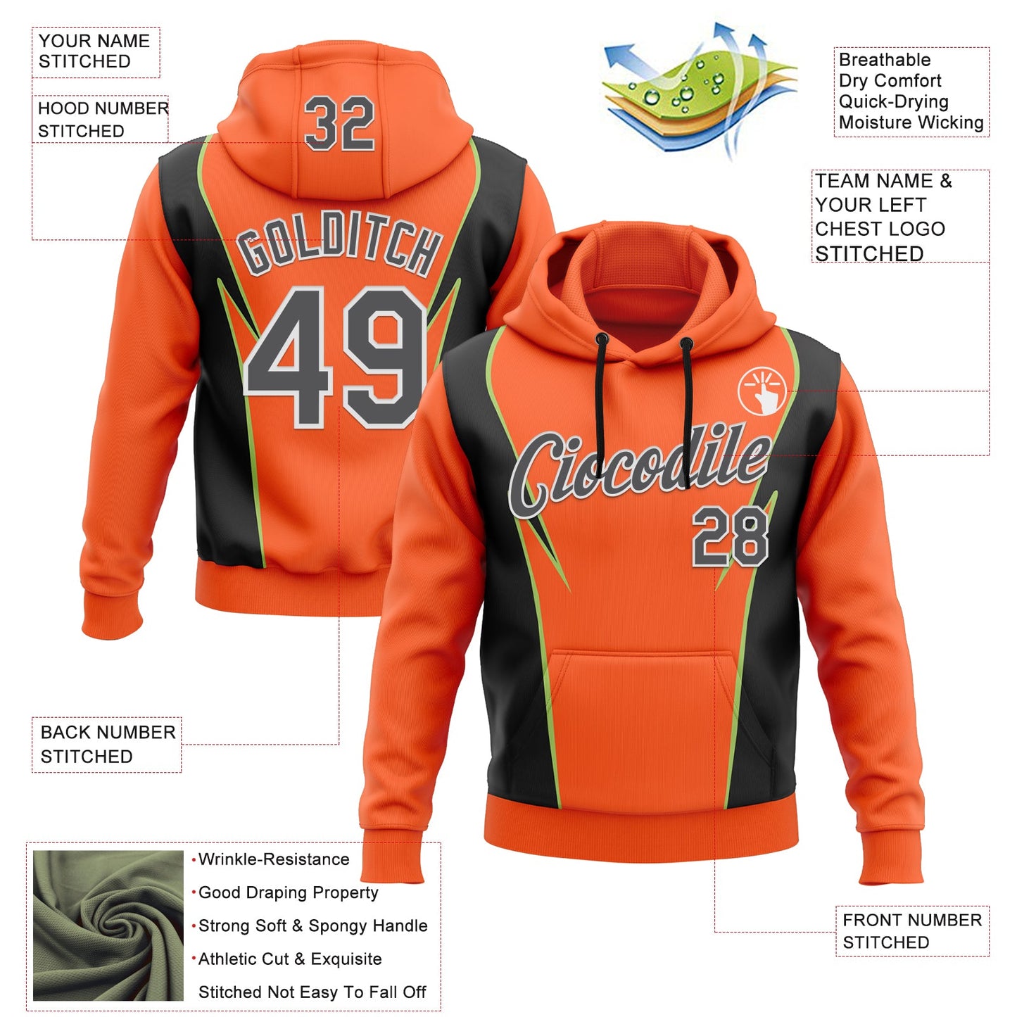 Custom Stitched Orange Steel Gray Black Green-White 3D Pattern Design Sportswear Pullover Sweatshirt Hoodie view 2