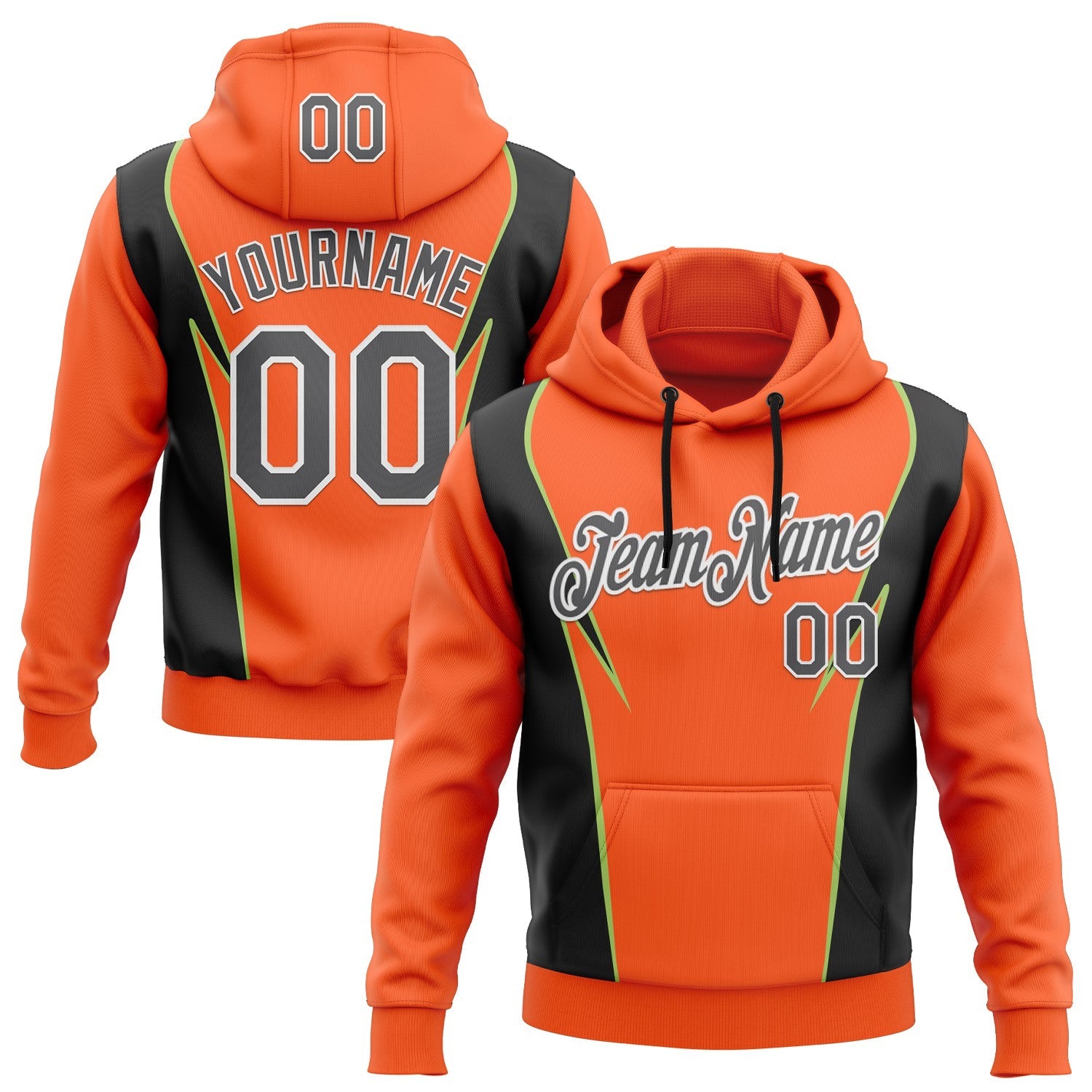 Custom Stitched Orange Steel Gray Black Green-White 3D Pattern Design Sportswear Pullover Sweatshirt Hoodie - Main View