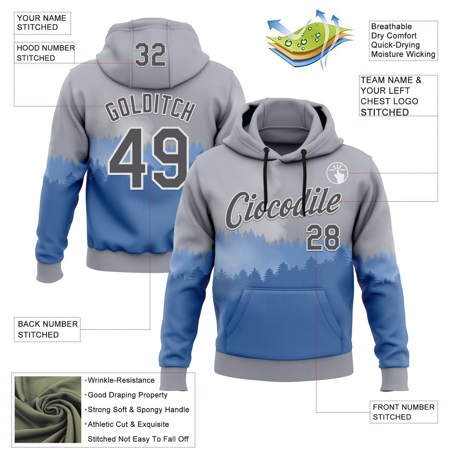 Custom Stitched Gray Steel Gray Blue-White 3D Pattern Design Natural Scenery Sportswear Pullover Sweatshirt Hoodie view 2