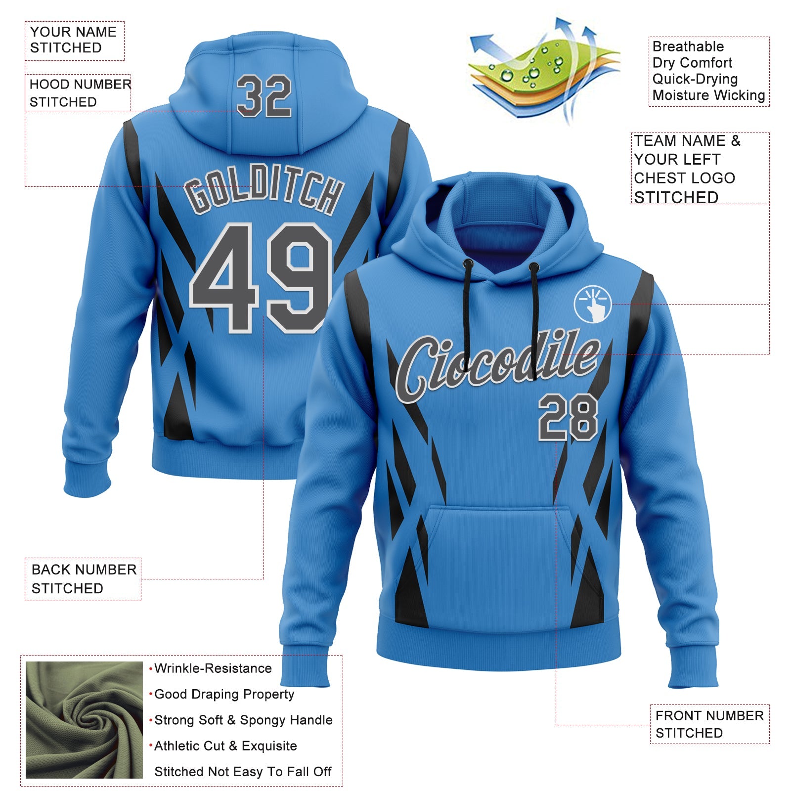 Custom Stitched Powder Blue Steel Gray Black-White 3D Pattern Design Sportswear Pullover Sweatshirt Hoodie view 2