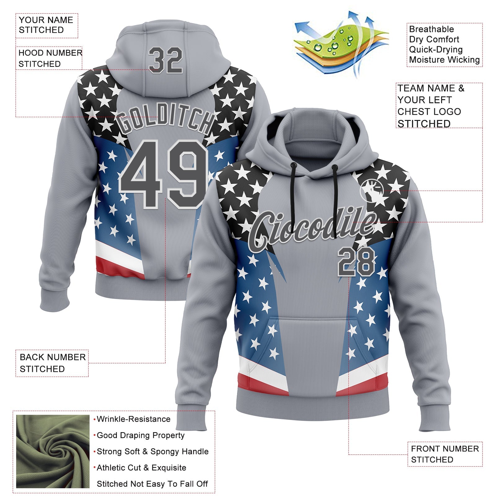 Custom Stitched Gray Steel Gray Black Blue Red-White 3D Pattern Design American Flag Inspire Patriotic Sportswear Pullover Sweatshirt Hoodie view 2