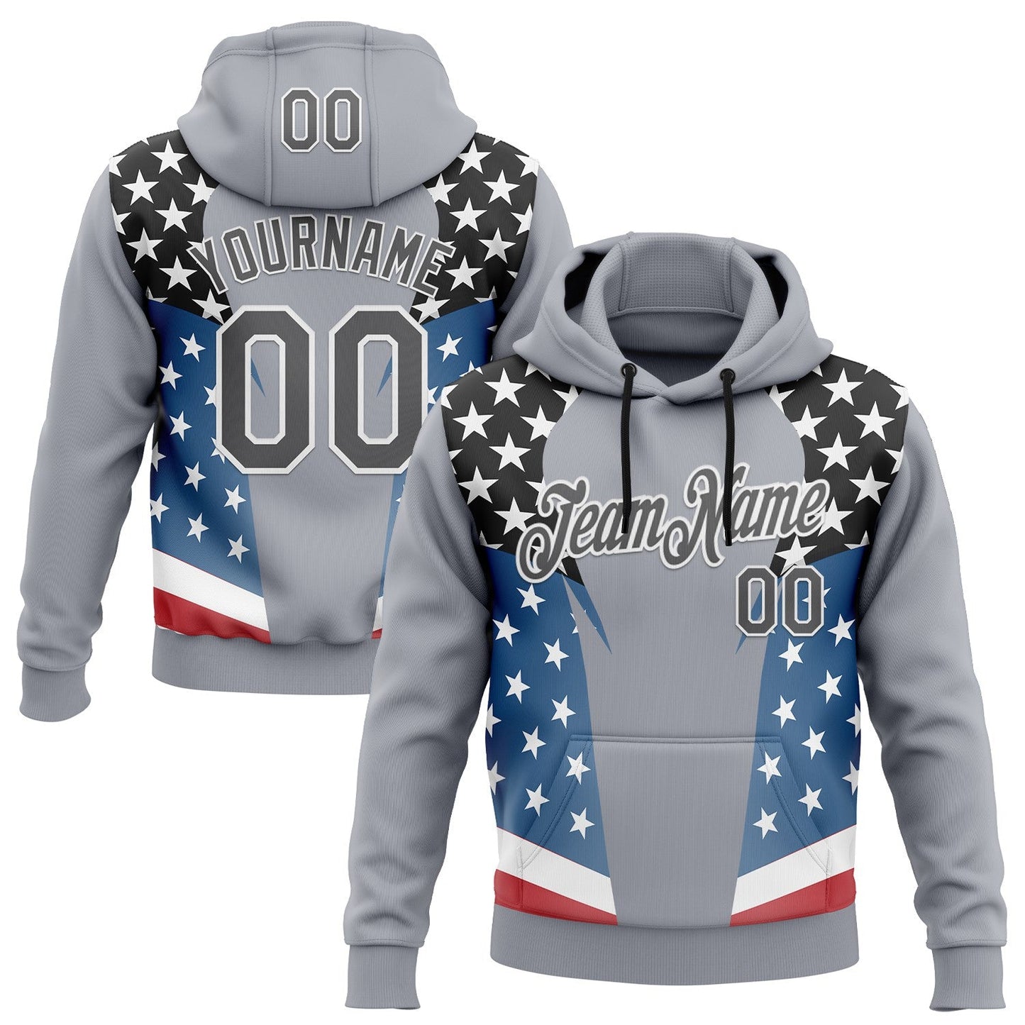 Custom Stitched Gray Steel Gray Black Blue Red-White 3D Pattern Design American Flag Inspire Patriotic Sportswear Pullover Sweatshirt Hoodie - Main View