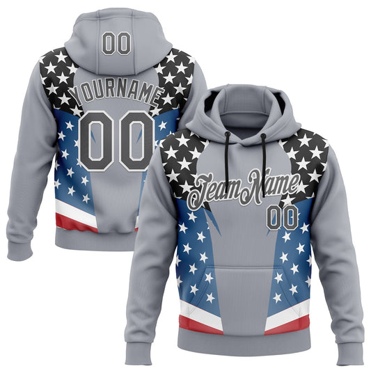 Custom Stitched Gray Steel Gray Black Blue Red-White 3D Pattern Design American Flag Inspire Patriotic Sportswear Pullover Sweatshirt Hoodie - Main View