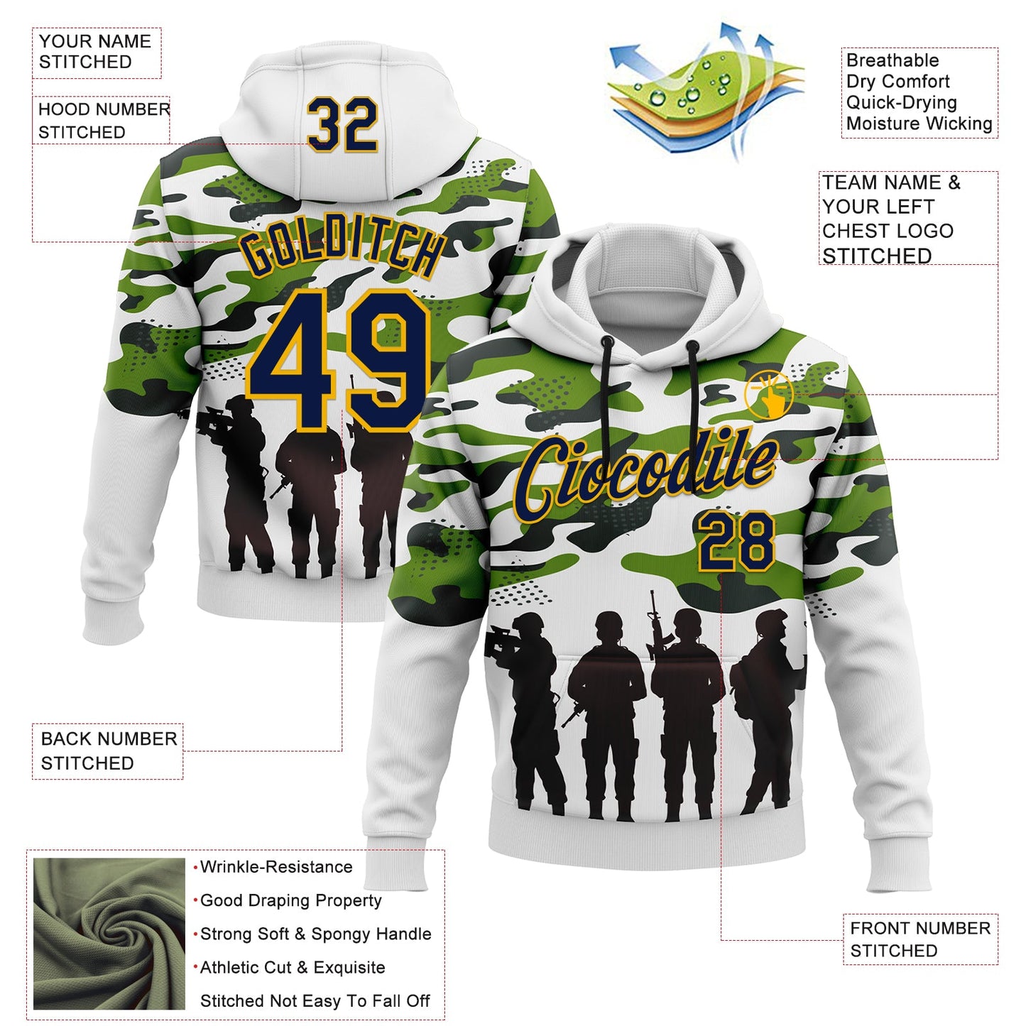 Custom Stitched White Navy Black-Gold 3D Pattern Design Camo Military Sportswear Pullover Sweatshirt Hoodie view 2
