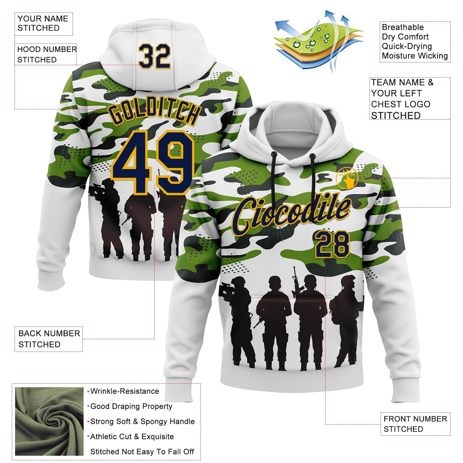 Custom Stitched White Navy Black-Gold 3D Pattern Design Camo Military Sportswear Pullover Sweatshirt Hoodie view 2