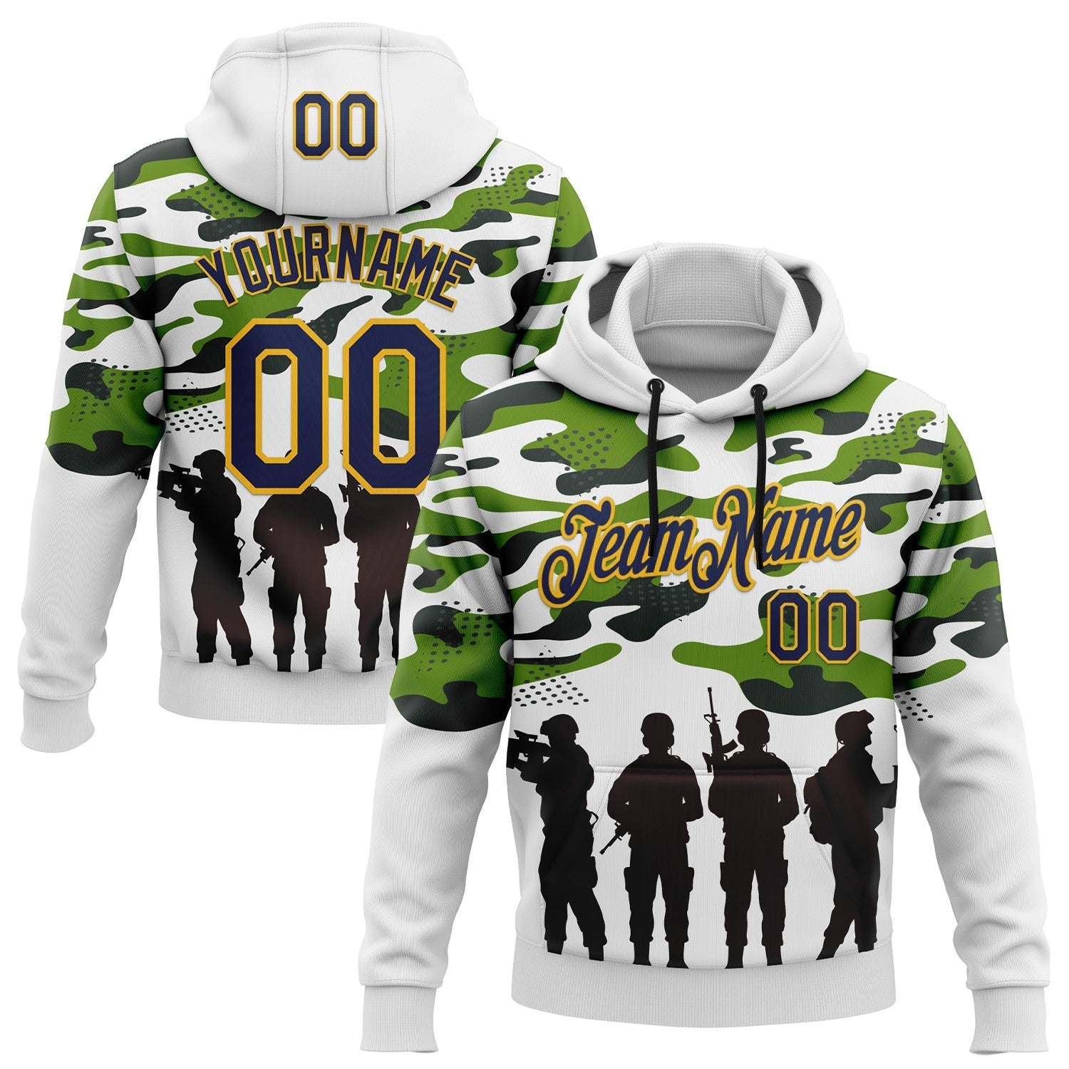 Custom Stitched White Navy Black-Gold 3D Pattern Design Camo Military Sportswear Pullover Sweatshirt Hoodie - Main View
