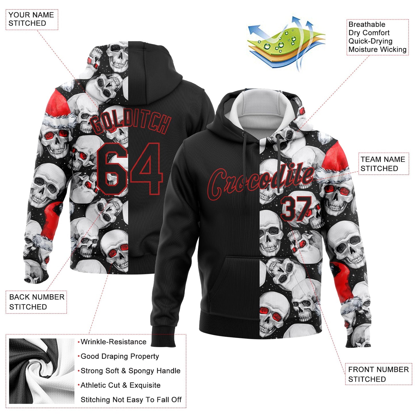 Custom Stitched White Black-Red 3D Skulls And Christmas Santa's Hat Sports Pullover Sweatshirt Hoodie view 2