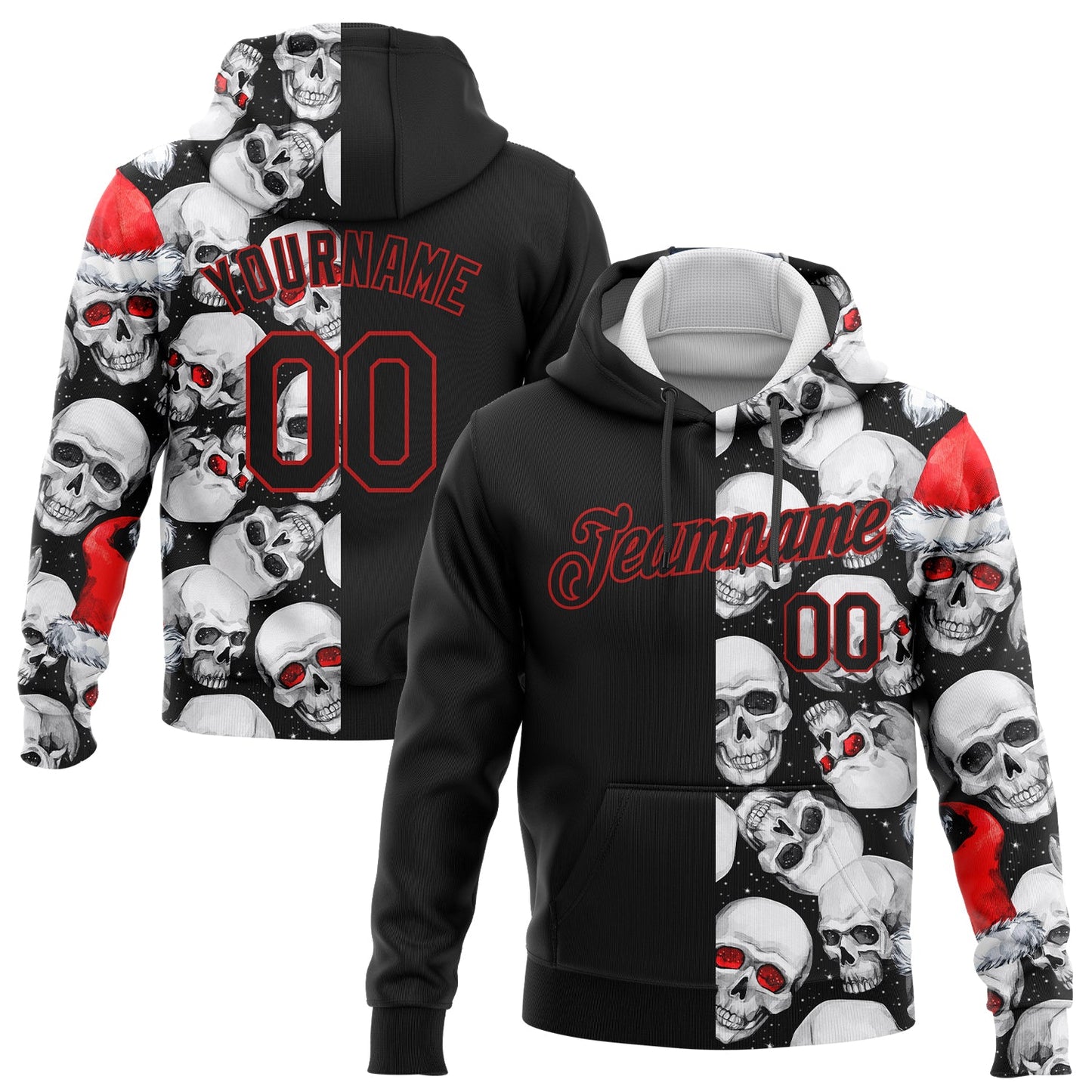 Custom Stitched White Black-Red 3D Skulls And Christmas Santa's Hat Sports Pullover Sweatshirt Hoodie - Main View