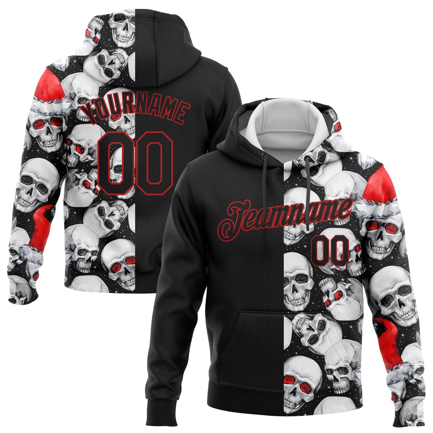 Custom Stitched White Black-Red 3D Skulls And Christmas Santa's Hat Sports Pullover Sweatshirt Hoodie - Main View