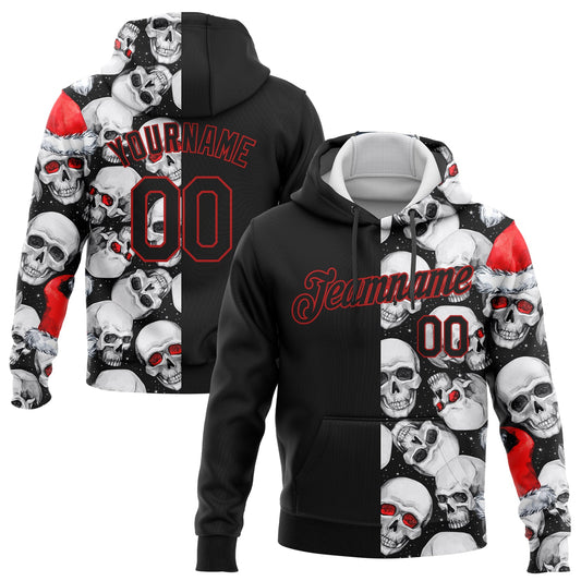 Custom Stitched White Black-Red 3D Skulls And Christmas Santa's Hat Sports Pullover Sweatshirt Hoodie - Main View