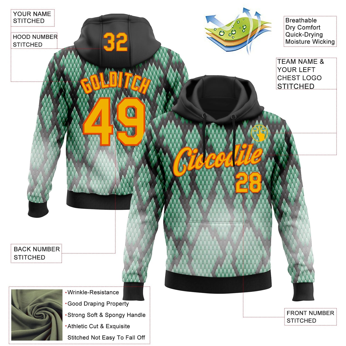 Custom Stitched Black Gold Green-Orange 3D Pattern Design Snake Print Sportswear Pullover Sweatshirt Hoodie view 2