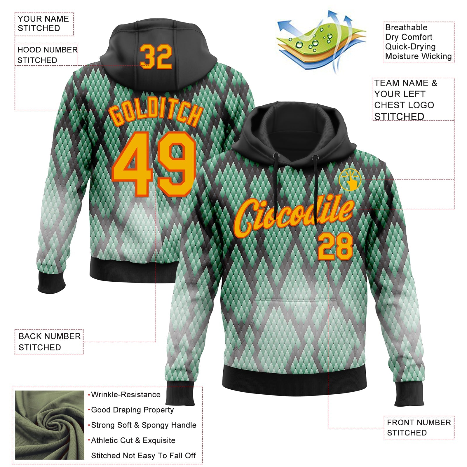 Custom Stitched Black Gold Green-Orange 3D Pattern Design Snake Print Sportswear Pullover Sweatshirt Hoodie view 2
