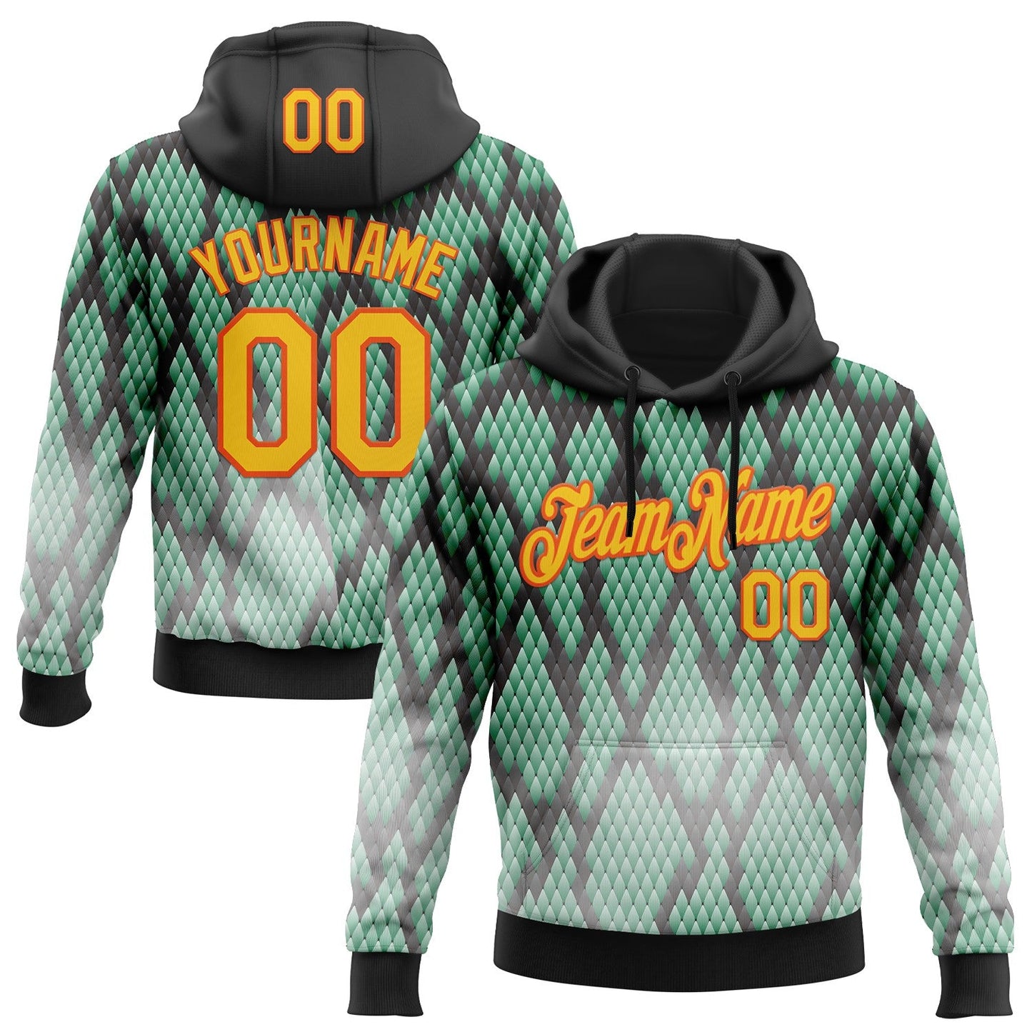 Custom Stitched Black Gold Green-Orange 3D Pattern Design Snake Print Sportswear Pullover Sweatshirt Hoodie - Main View