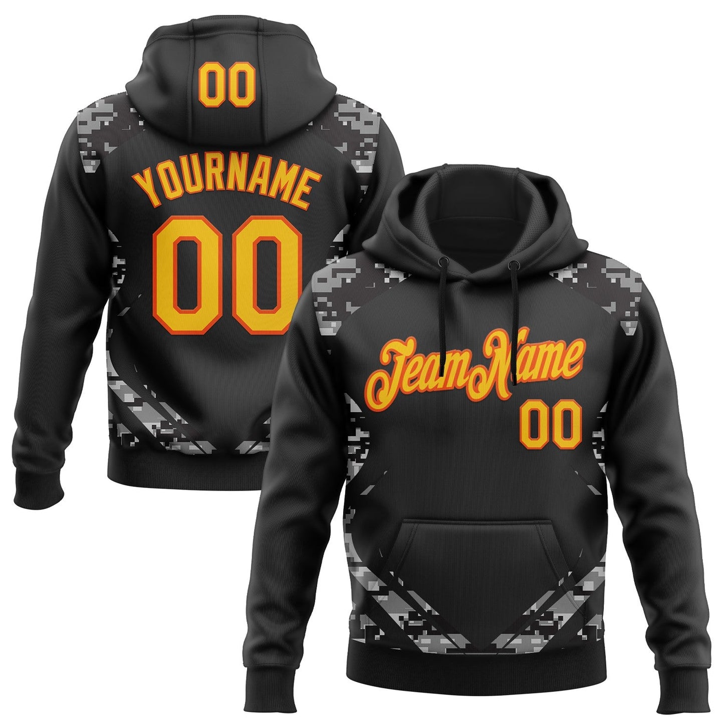 Custom Stitched Black Gold-Orange 3D Pattern Design Camo Sportswear Pullover Sweatshirt Hoodie - Main View