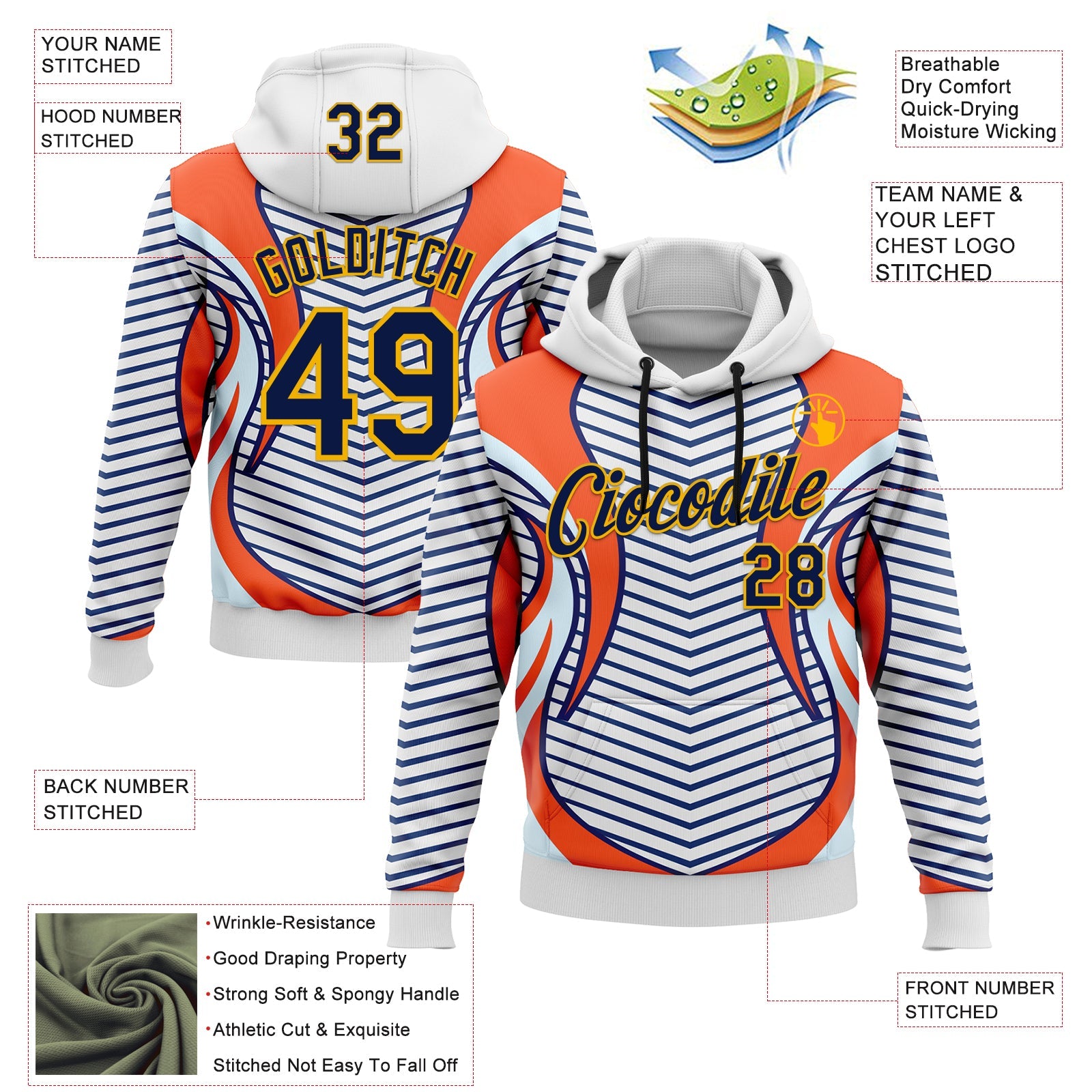 Custom Stitched White Navy Blue Orange-Gold 3D Pattern Design Sportswear Pullover Sweatshirt Hoodie view 2