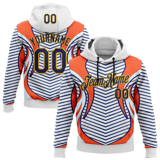 Custom Stitched White Navy Blue Orange-Gold 3D Pattern Design Sportswear Pullover Sweatshirt Hoodie - Main View