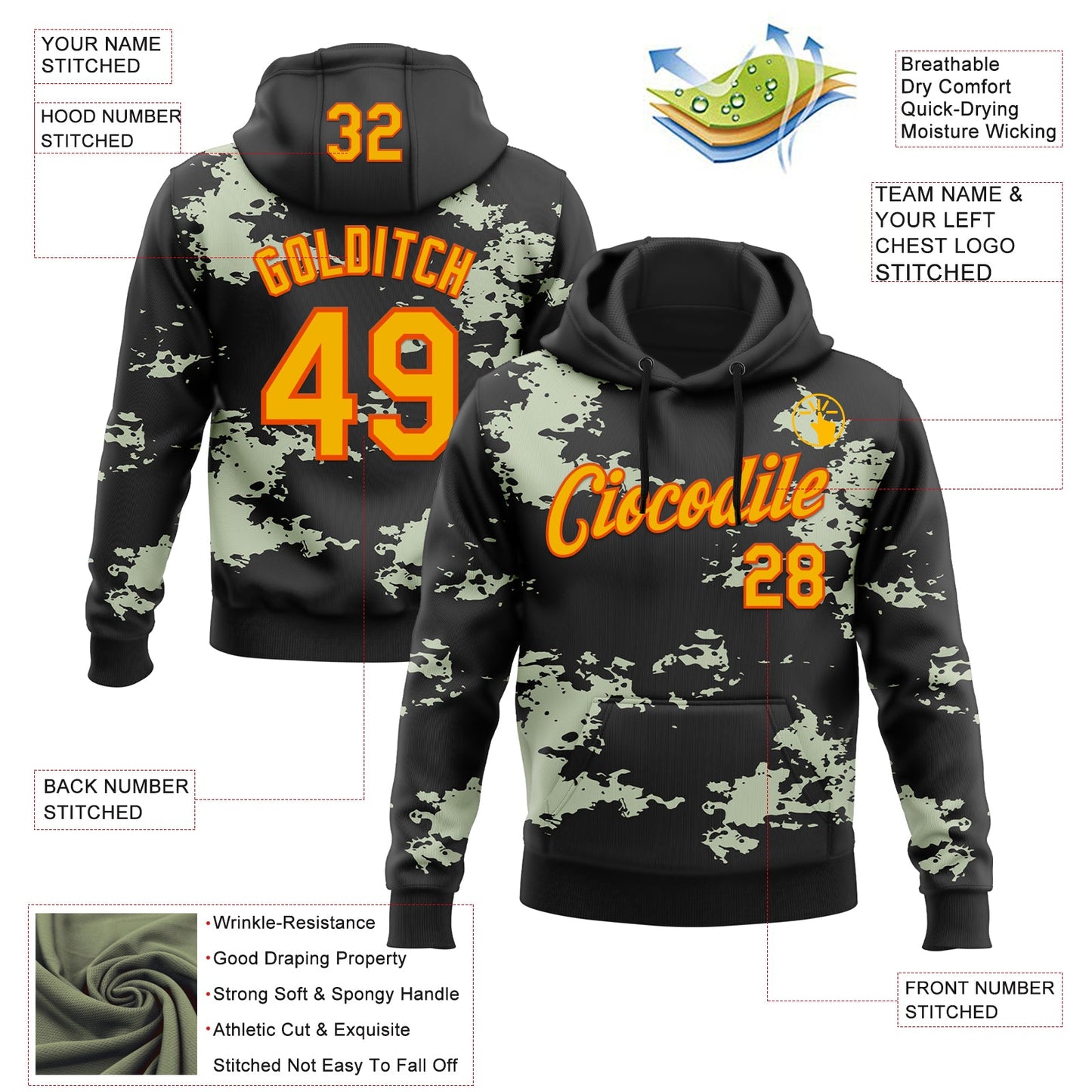 Custom Stitched Black Gold-Orange 3D Pattern Design Camo Sportswear Pullover Sweatshirt Hoodie view 2