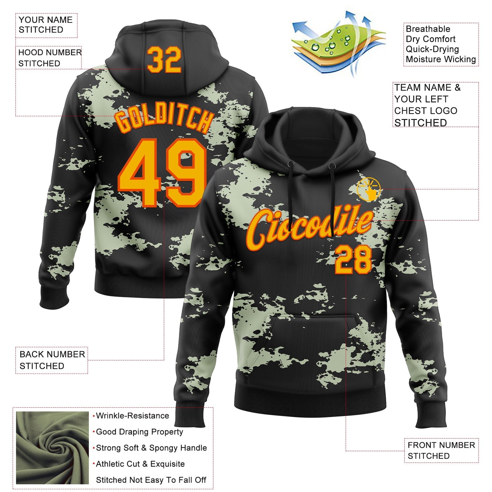 Custom Stitched Black Gold-Orange 3D Pattern Design Camo Sportswear Pullover Sweatshirt Hoodie view 2